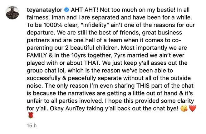  La déclaration complète que Teyana a téléchargée sur Instagram.